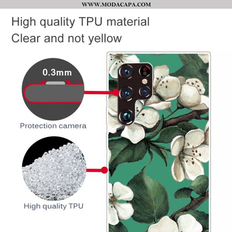 Capa Para Samsung Galaxy S22 Ultra 5G Flores Brancas Pintadas