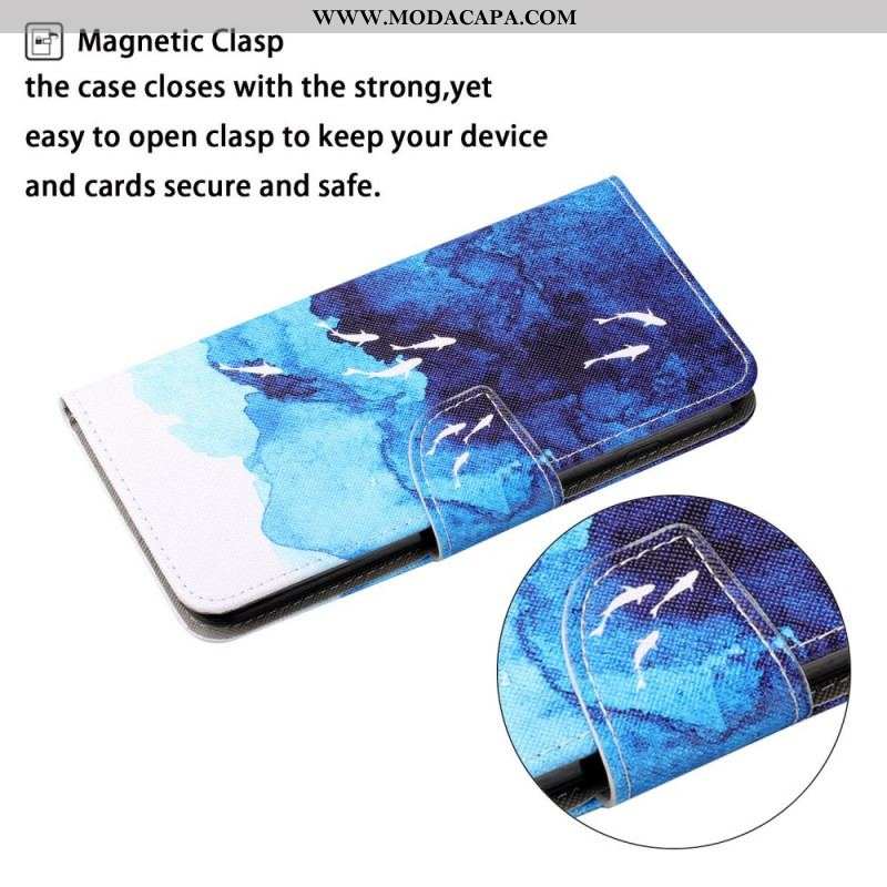 Capa De Couro Para Samsung Galaxy S22 Ultra 5G Mar Com Tanga