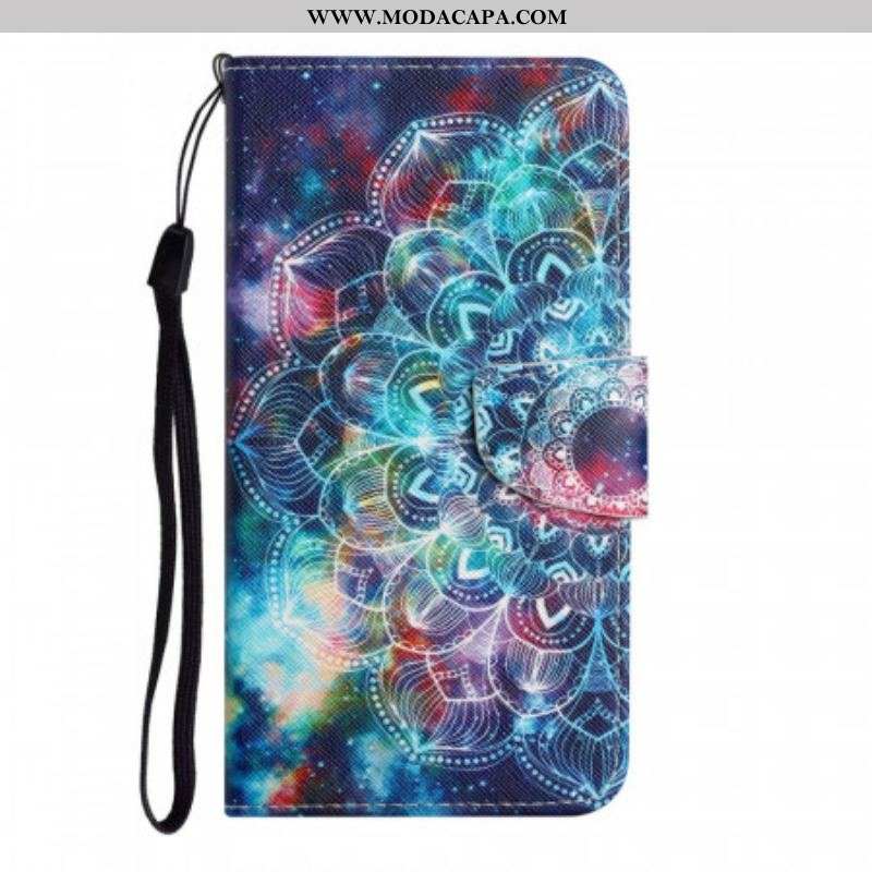 Capa Flip Para Samsung Galaxy S22 Ultra 5G De Cordão Alça De Meia Mandala Chamativa