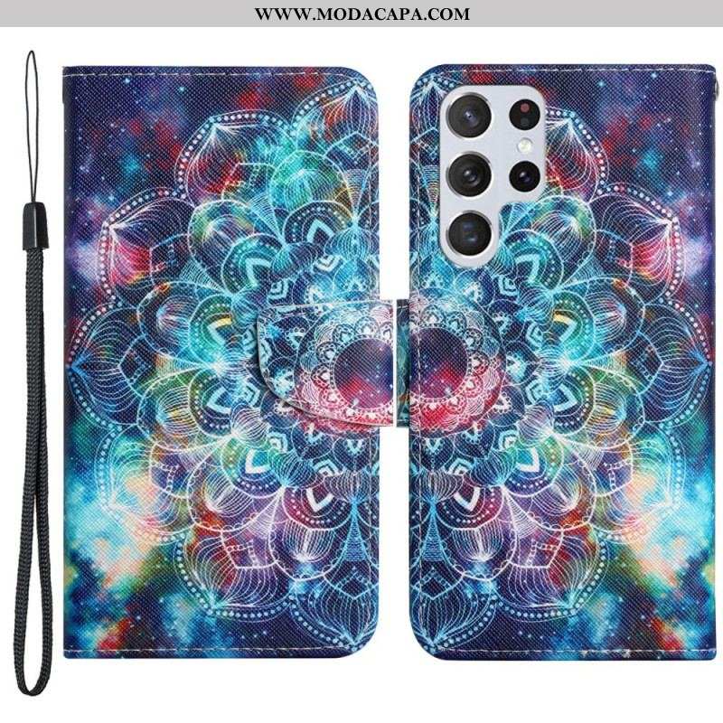 Capa Flip Para Samsung Galaxy S22 Ultra 5G De Cordão Alça De Meia Mandala Chamativa