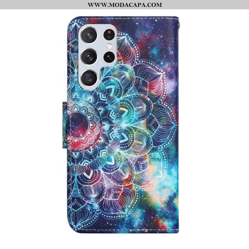 Capa Flip Para Samsung Galaxy S22 Ultra 5G De Cordão Alça De Meia Mandala Chamativa