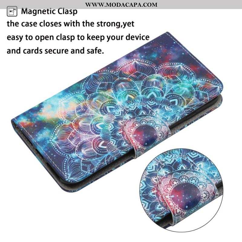 Capa Flip Para Samsung Galaxy S22 Ultra 5G De Cordão Alça De Meia Mandala Chamativa