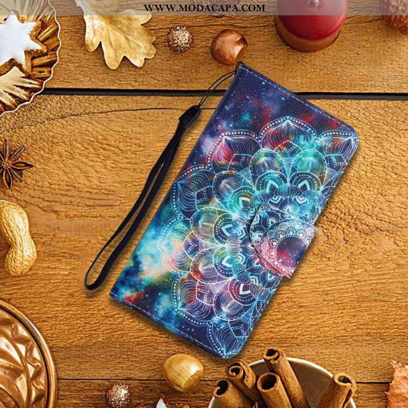 Capa Flip Para Samsung Galaxy S22 Ultra 5G De Cordão Alça De Meia Mandala Chamativa