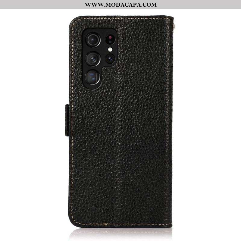 Capa Em Pele Para Samsung Galaxy S22 Ultra 5G Couro De Lichia Khazneh Rfid