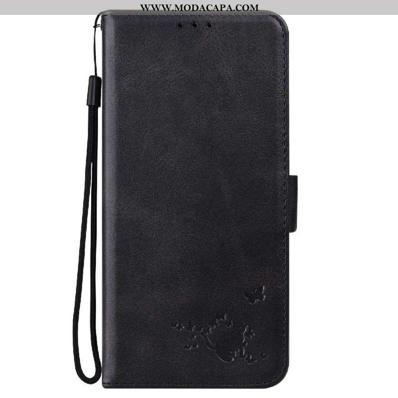 Capa De Couro Para Samsung Galaxy S22 Ultra 5G Gato E Borboletas