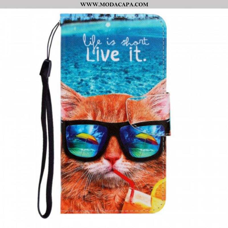 Capa De Couro Para Samsung Galaxy S22 Ultra 5G De Cordão Cat Live It Strappy