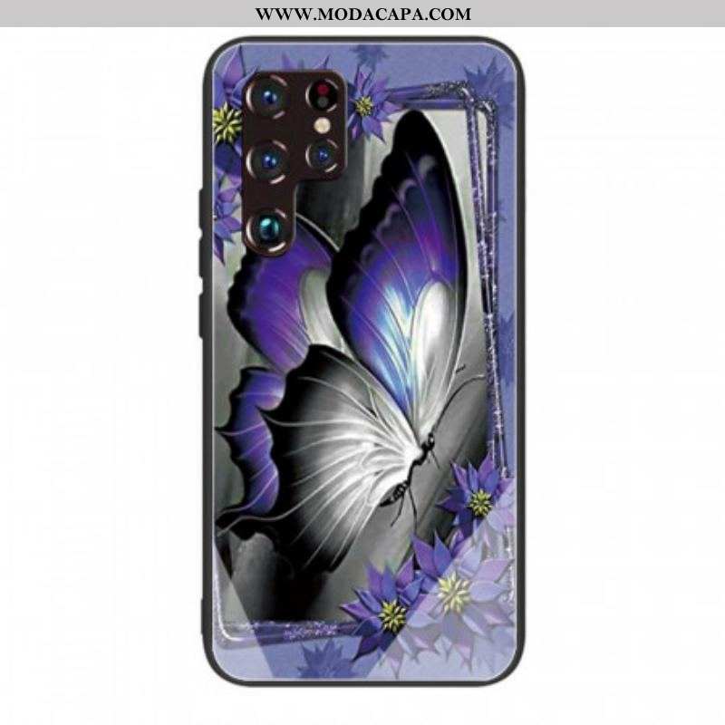 Capa Para Samsung Galaxy S22 Ultra 5G Vidro Temperado Borboleta Roxa