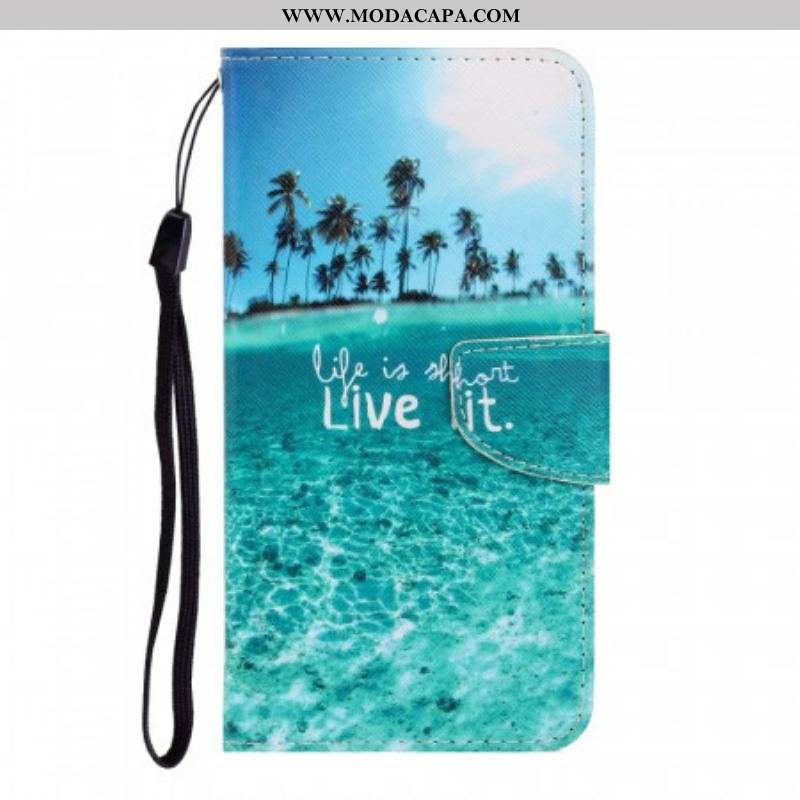 Capa De Couro Para Samsung Galaxy S22 Ultra 5G De Cordão Viva Na Lanyard