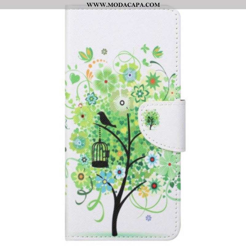Capa Flip Para Samsung Galaxy S23 5G Árvore Com Folhas Verdes