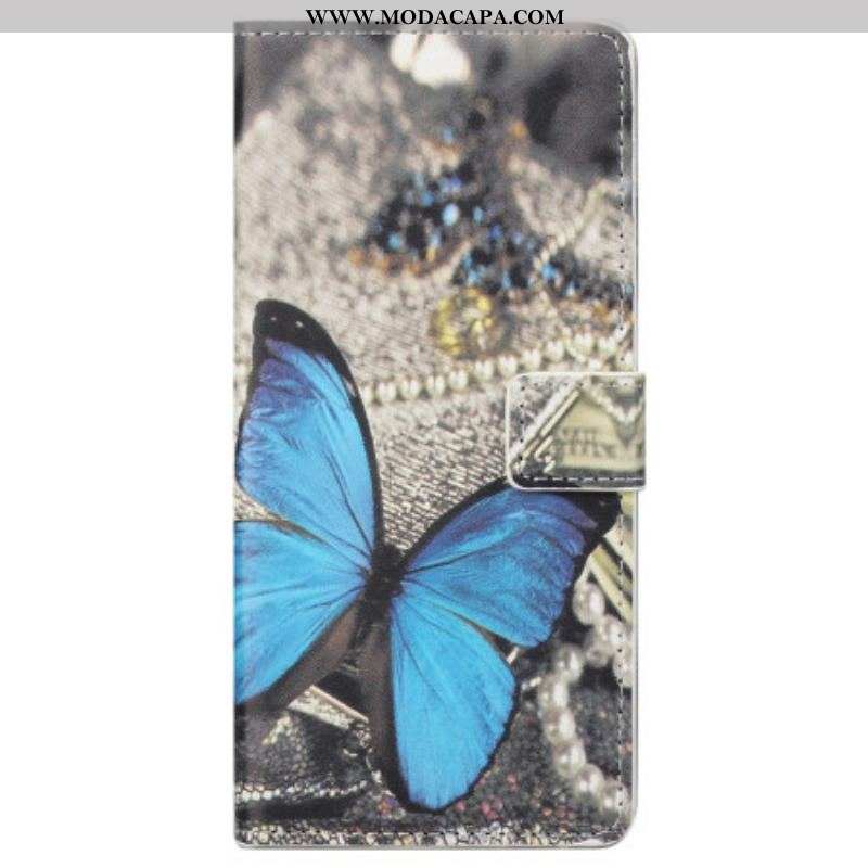 Capa De Couro Para Samsung Galaxy S23 5G Borboleta Azul