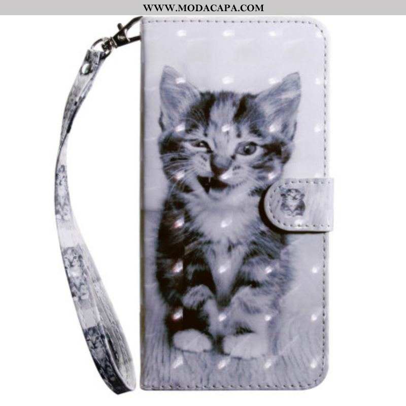 Capa De Couro Para Samsung Galaxy S23 5G De Cordão Gatinho Cinza Com Alça