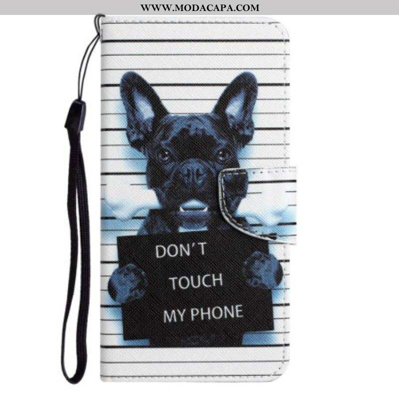 Capa Flip Para Samsung Galaxy S23 Plus 5G De Cordão Cachorro Não Toque No Meu Celular Com Cordão