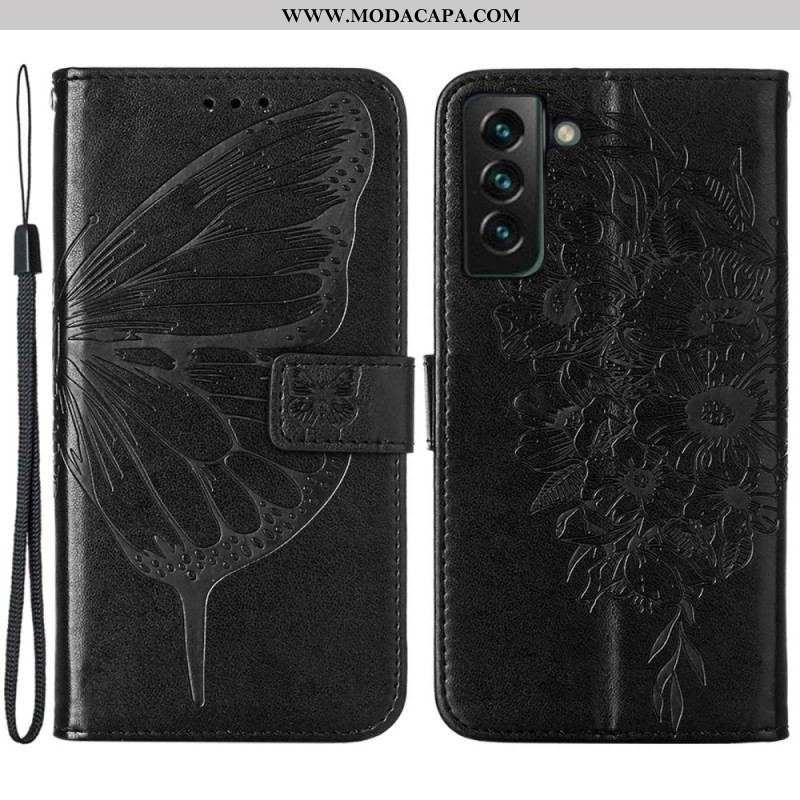 Capa De Couro Para Samsung Galaxy S23 Plus 5G De Cordão Borboleta De Tiras Barroca