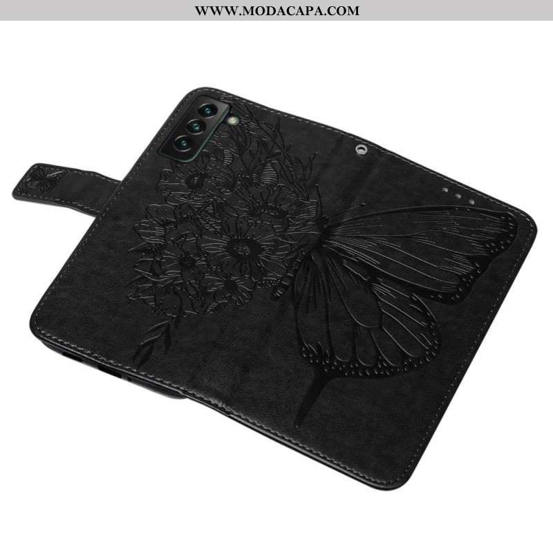 Capa De Couro Para Samsung Galaxy S23 Plus 5G De Cordão Borboleta De Tiras Barroca