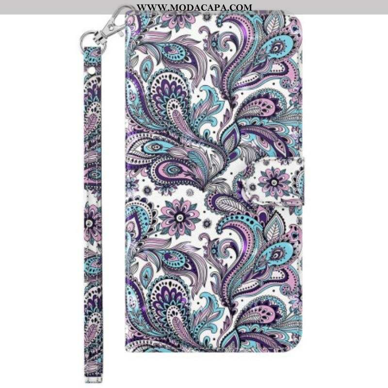 Capa De Couro Para Samsung Galaxy S23 Plus 5G De Cordão Padrão Strappy Paisley