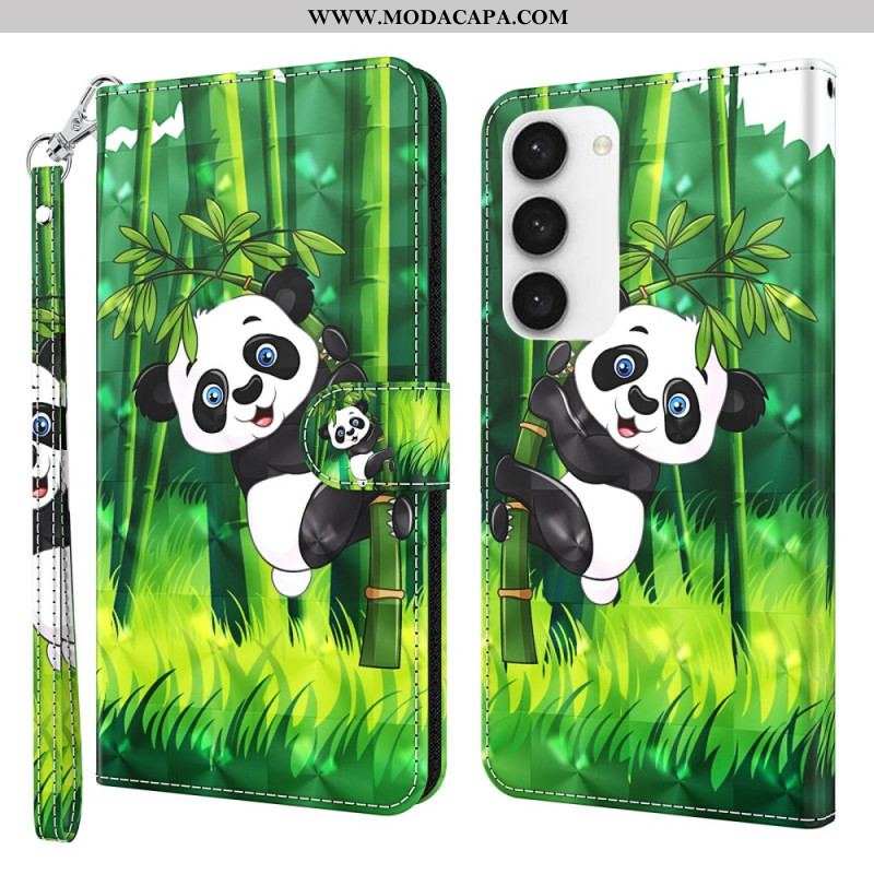 Capa Flip Para Samsung Galaxy S23 Plus 5G De Cordão Panda E Bambu Com Lanyard