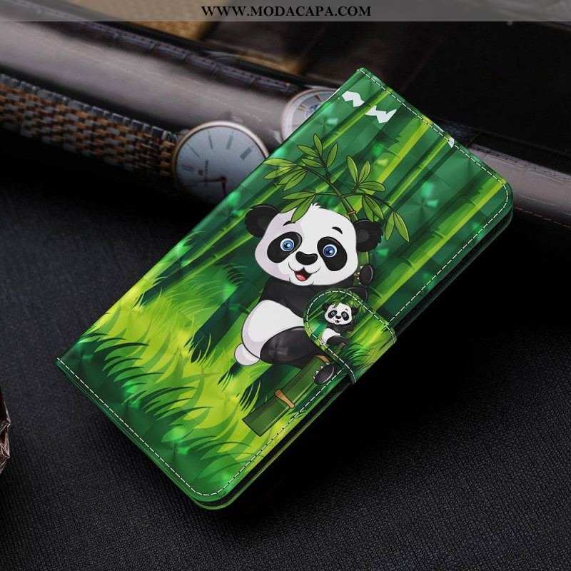 Capa Flip Para Samsung Galaxy S23 Plus 5G De Cordão Panda E Bambu Com Lanyard