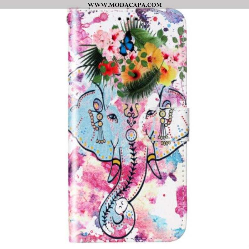 Capa Folio Para Samsung Galaxy S23 Plus 5G De Cordão Elefante Tribal Com Alça