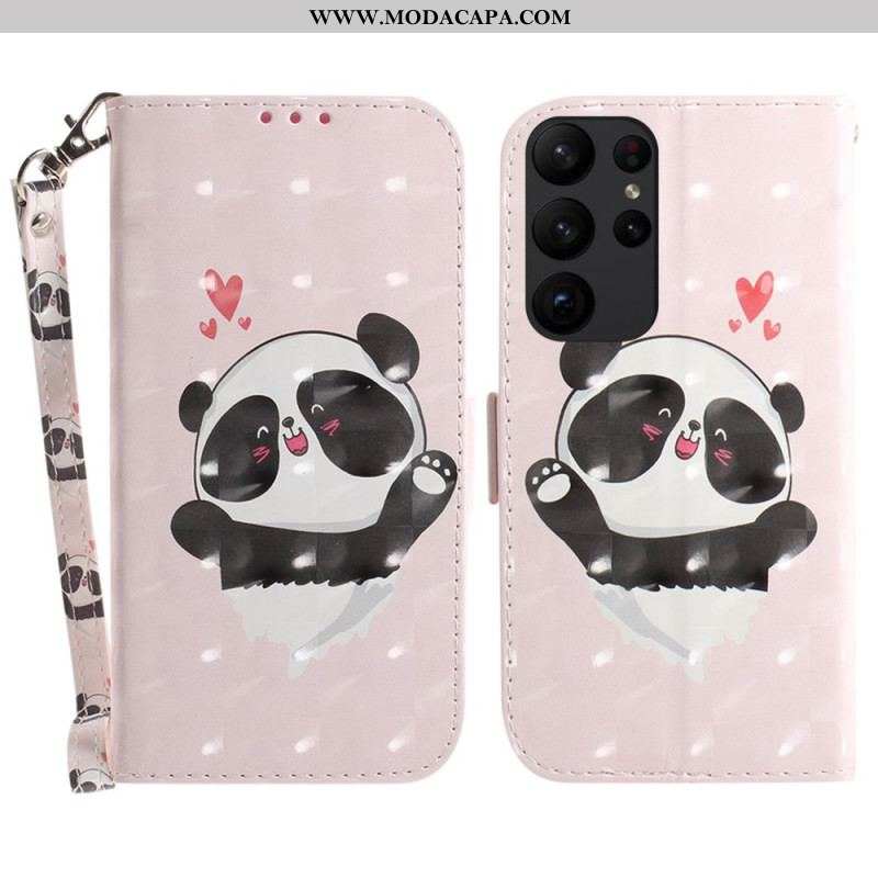 Capa De Couro Para Samsung Galaxy S23 Ultra 5G De Cordão Pequeno Panda Com Alça