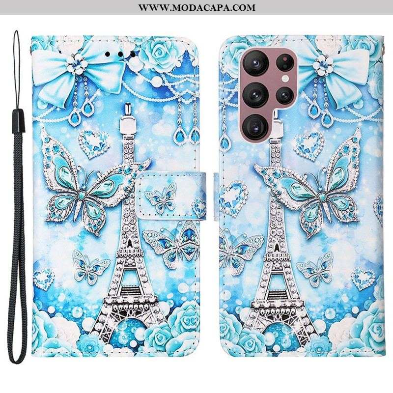 Capa Flip Para Samsung Galaxy S23 Ultra 5G De Cordão Correia Borboleta Torre Eiffel