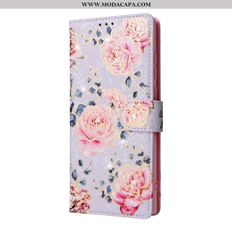 Capa Flip Para Samsung Galaxy S23 Ultra 5G Flores Rfid Com Cordão