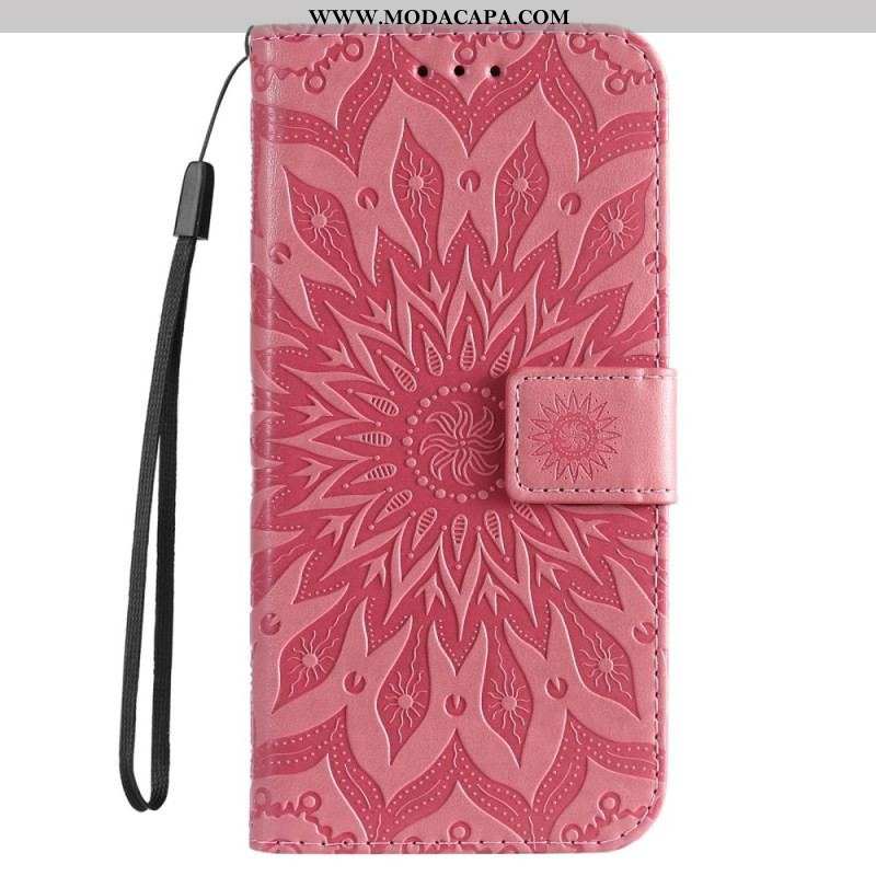 Capa Flip Para Samsung Galaxy S23 Ultra 5G Mandala Sol Com Cordão