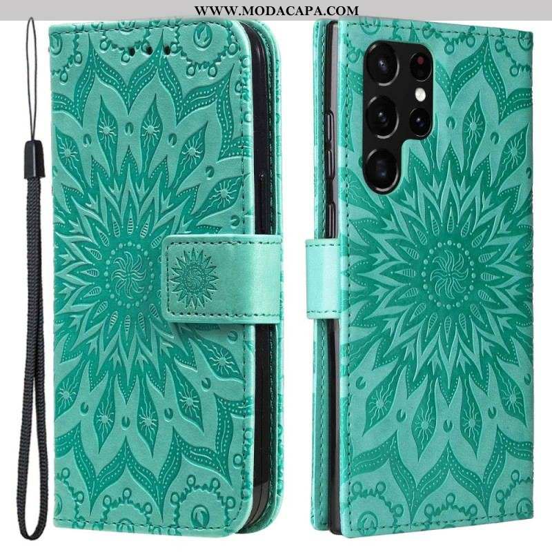 Capa Flip Para Samsung Galaxy S23 Ultra 5G Mandala Sol Com Cordão