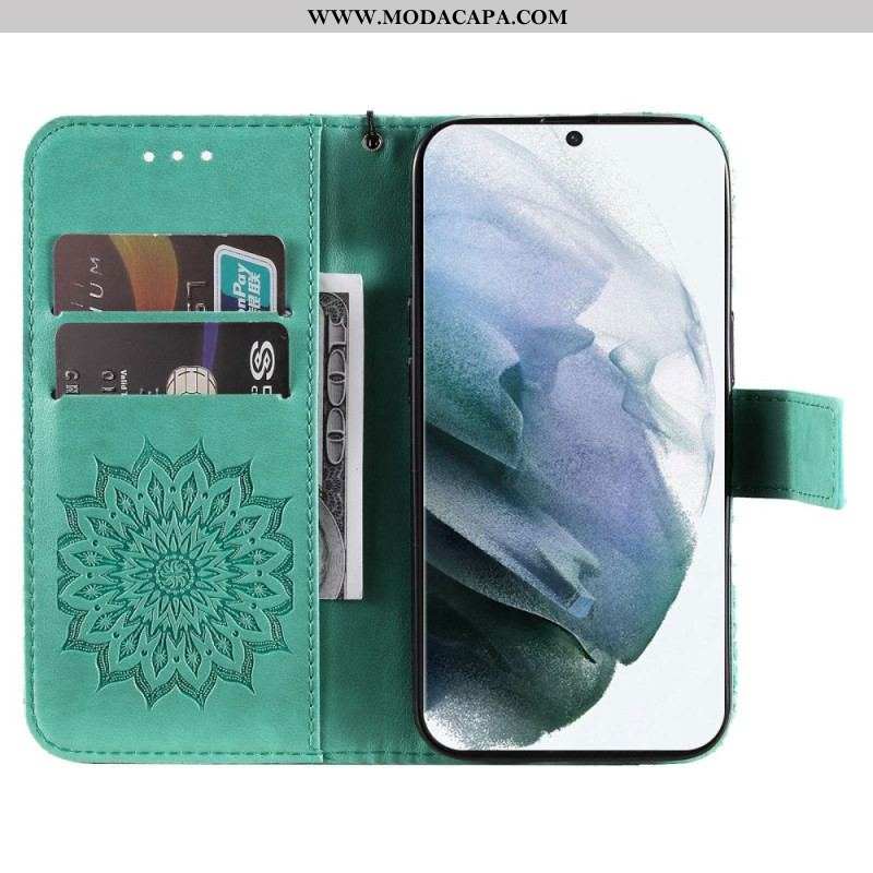 Capa Flip Para Samsung Galaxy S23 Ultra 5G Mandala Sol Com Cordão