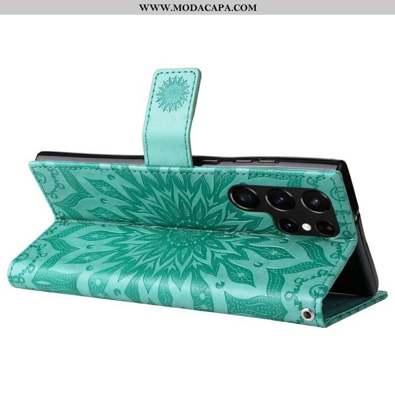 Capa Flip Para Samsung Galaxy S23 Ultra 5G Mandala Sol Com Cordão