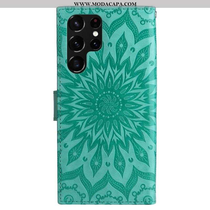 Capa Flip Para Samsung Galaxy S23 Ultra 5G Mandala Sol Com Cordão