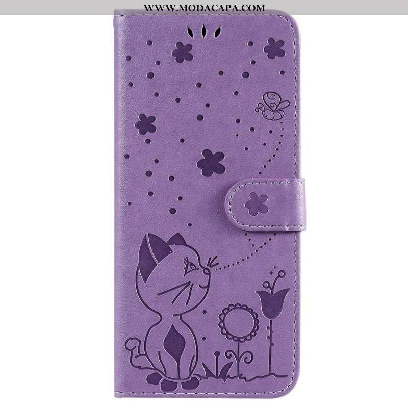 Capa Flip Para Samsung Galaxy S23 Ultra 5G De Cordão Strappy Gato E Abelhas