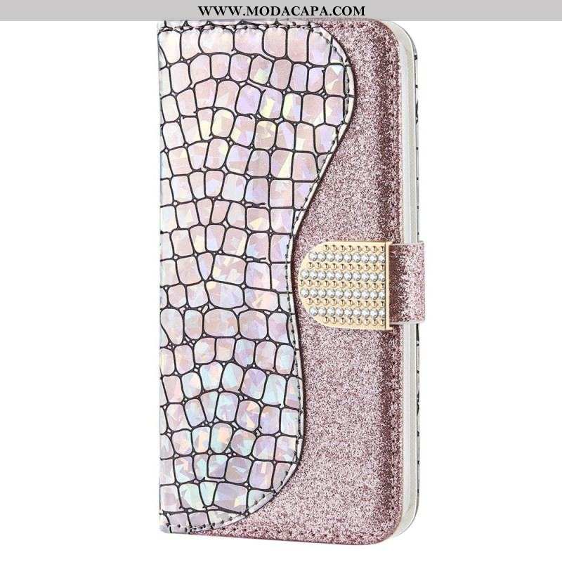 Capa De Couro Para Samsung Galaxy S23 Ultra 5G Diamantes De Crocodilo