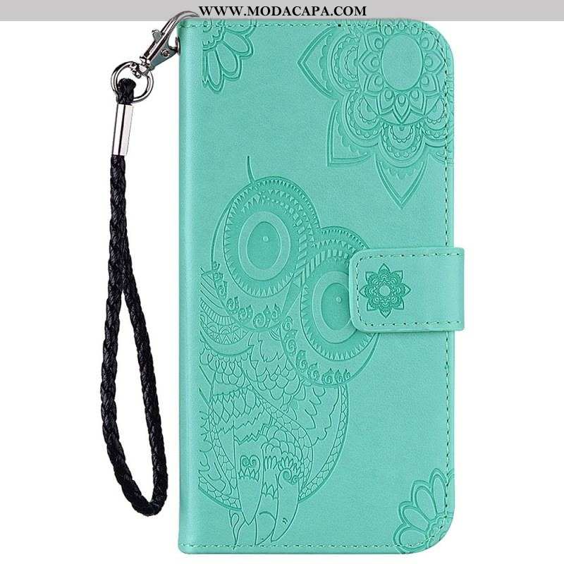 Capa Flip Para Samsung Galaxy S23 Ultra 5G Coruja Mandala E Cordão