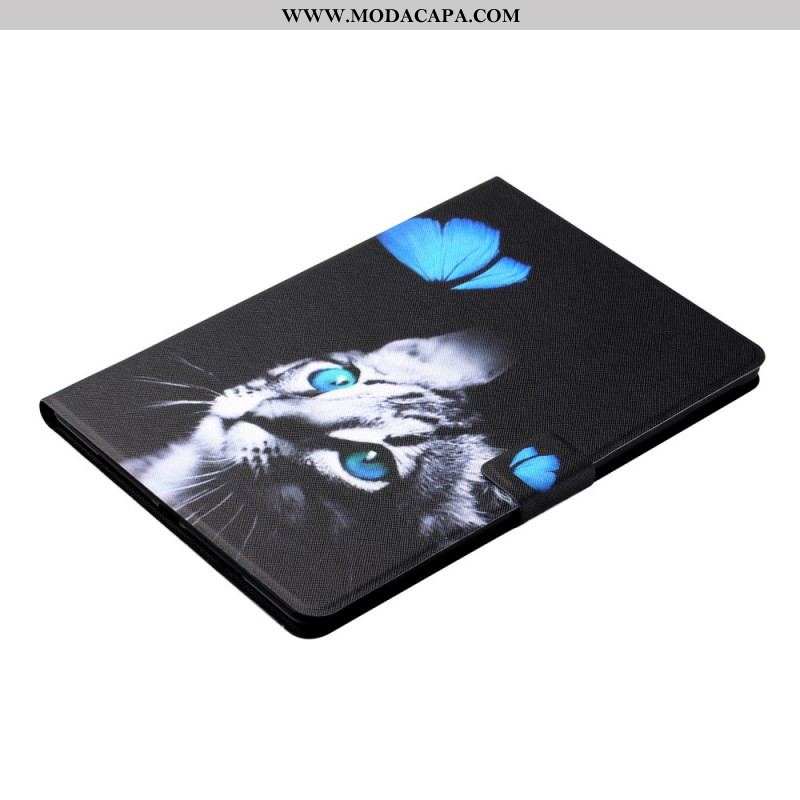 Capa De Couro Para Samsung Galaxy Tab A8 (2021) Gato Azul E Borboleta