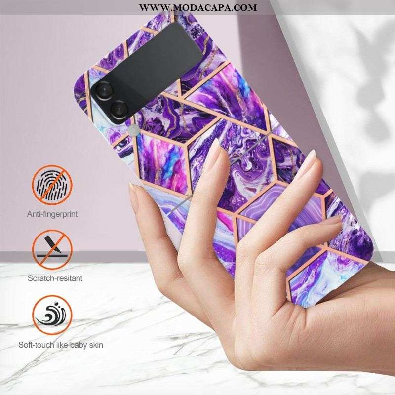 Capa Para Samsung Galaxy Z Flip 4 De Couro Mármore Geométrico