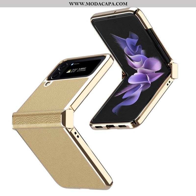 Capa Para Samsung Galaxy Z Flip 4 De Couro Bordas De Metal De Couro De Lichia