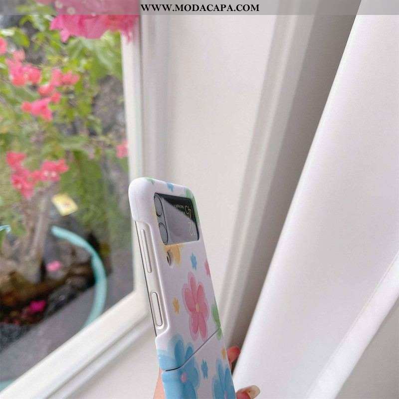 Capa Para Samsung Galaxy Z Flip 4 De Couro Flores Bonitas