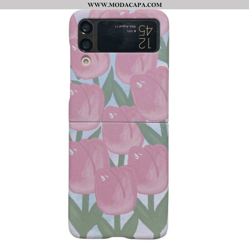 Capa Para Samsung Galaxy Z Flip 4 De Couro Flores