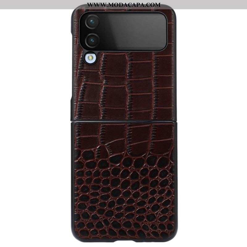 Capa Para Samsung Galaxy Z Flip 4 De Couro Couro Genuíno Efeito Crocodilo