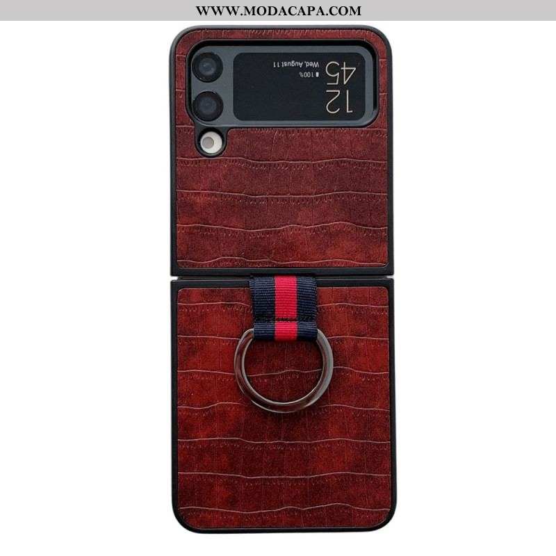 Capa Para Samsung Galaxy Z Flip 4 De Couro Croco E Design De Anel