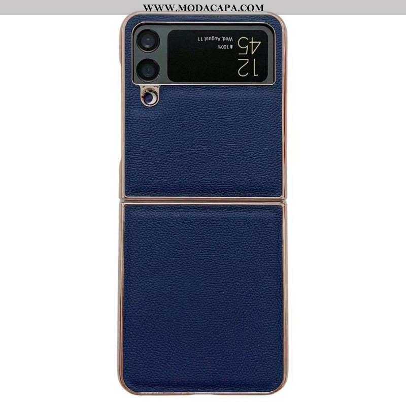 Capa Para Samsung Galaxy Z Flip 4 De Couro Bordas Douradas De Couro Genuíno