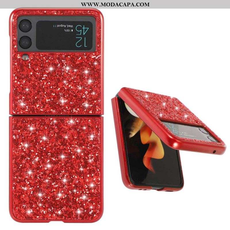 Capa Para Samsung Galaxy Z Flip 4 De Couro Lantejoulas Premium