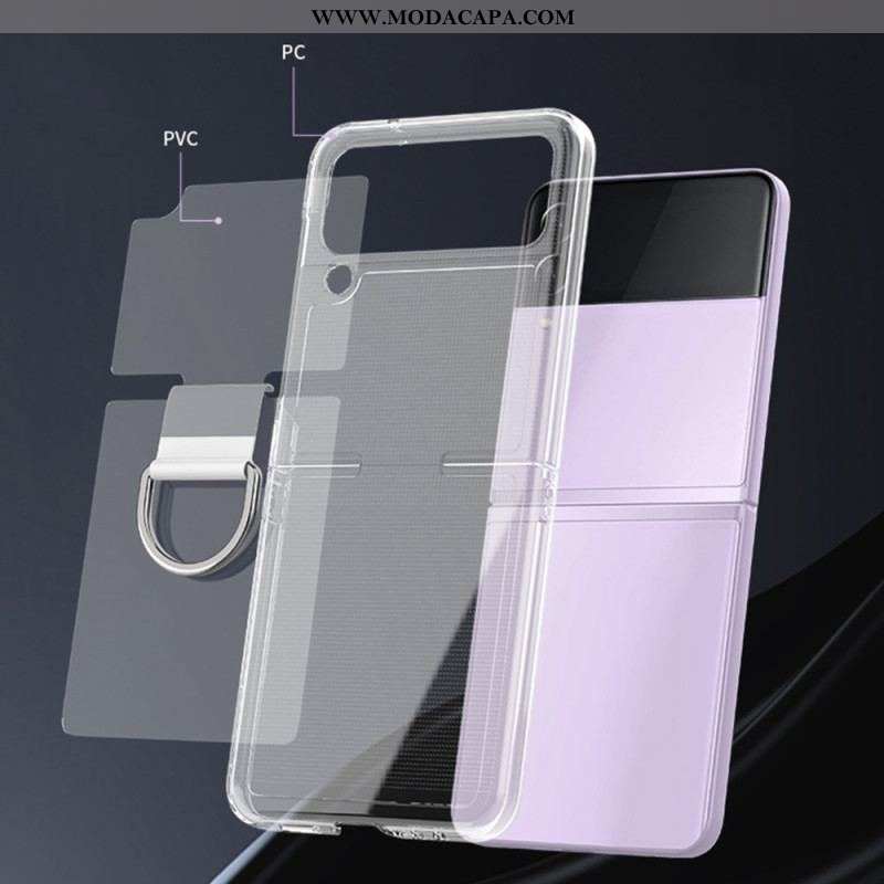 Capa Para Samsung Galaxy Z Flip 4 De Couro Transparente Com Anel