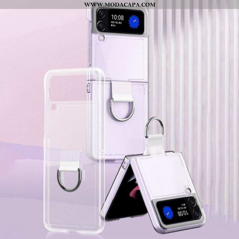 Capa Para Samsung Galaxy Z Flip 4 De Couro Transparente Com Anel