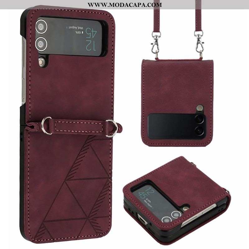 Capa Para Samsung Galaxy Z Flip 4 De Couro Triângulos Com Alça De Ombro