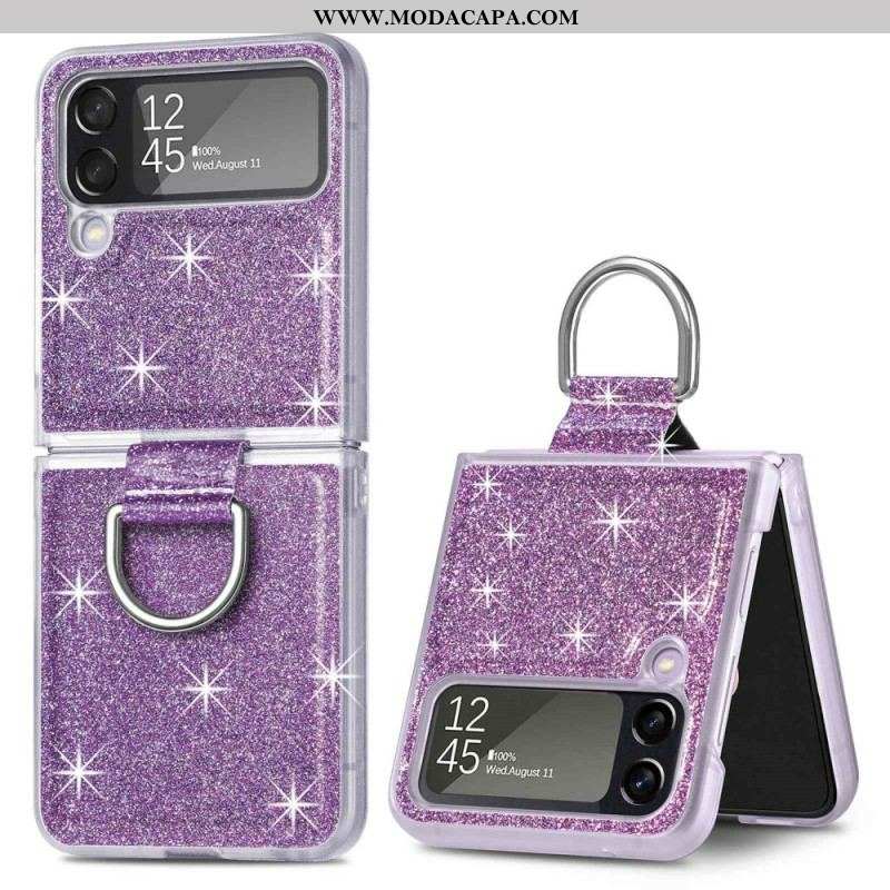 Capa Para Samsung Galaxy Z Flip 4 De Couro Lantejoulas E Anel