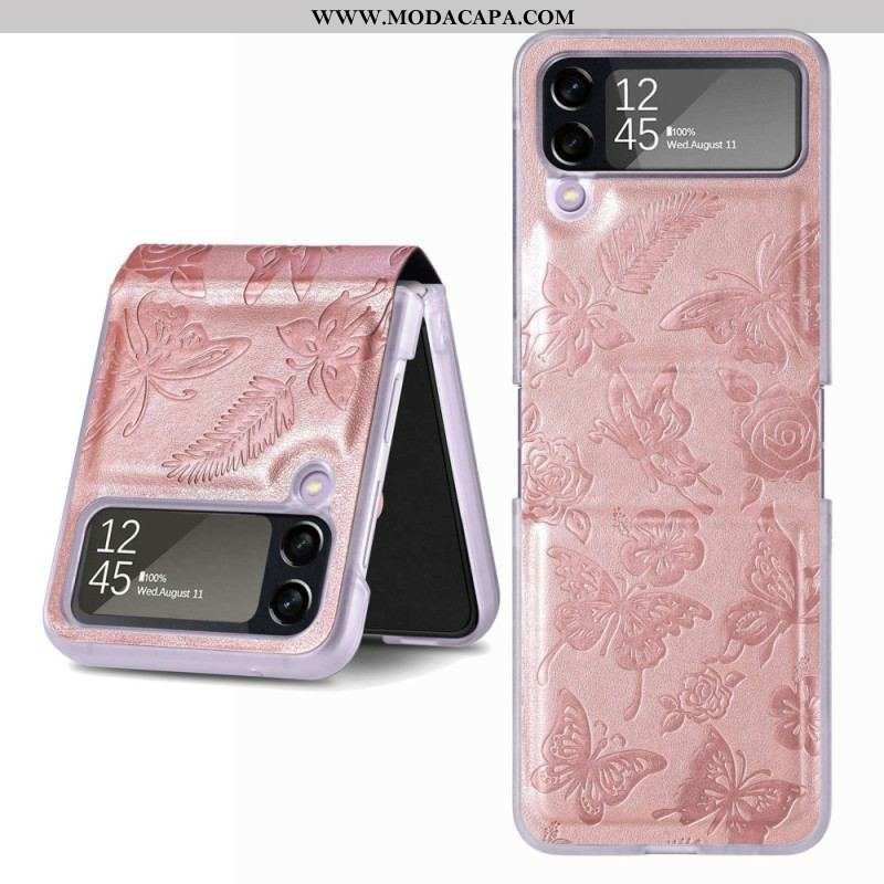 Capa Para Samsung Galaxy Z Flip 4 De Couro Mariposa À Noite