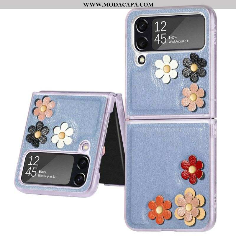 Capa Para Samsung Galaxy Z Flip 4 De Couro Flores De Couro Sintético