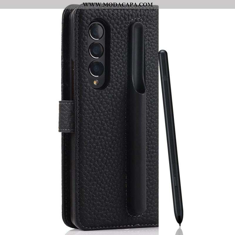 Capa De Couro Para Samsung Galaxy Z Fold 3 5G Porta-canetas De Couro De Lichia Genuíno