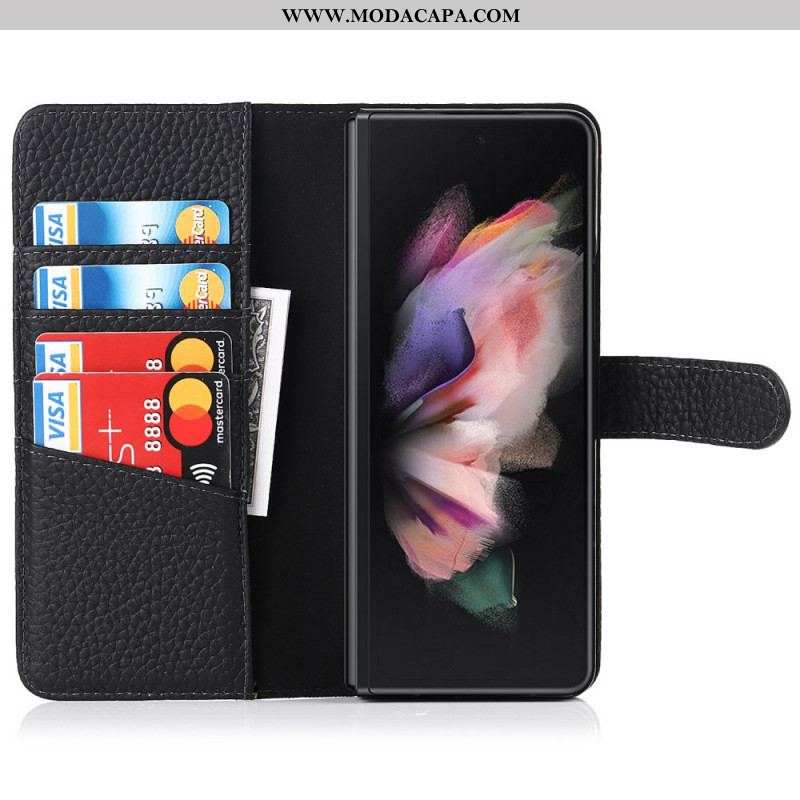 Capa De Couro Para Samsung Galaxy Z Fold 3 5G Porta-canetas De Couro De Lichia Genuíno